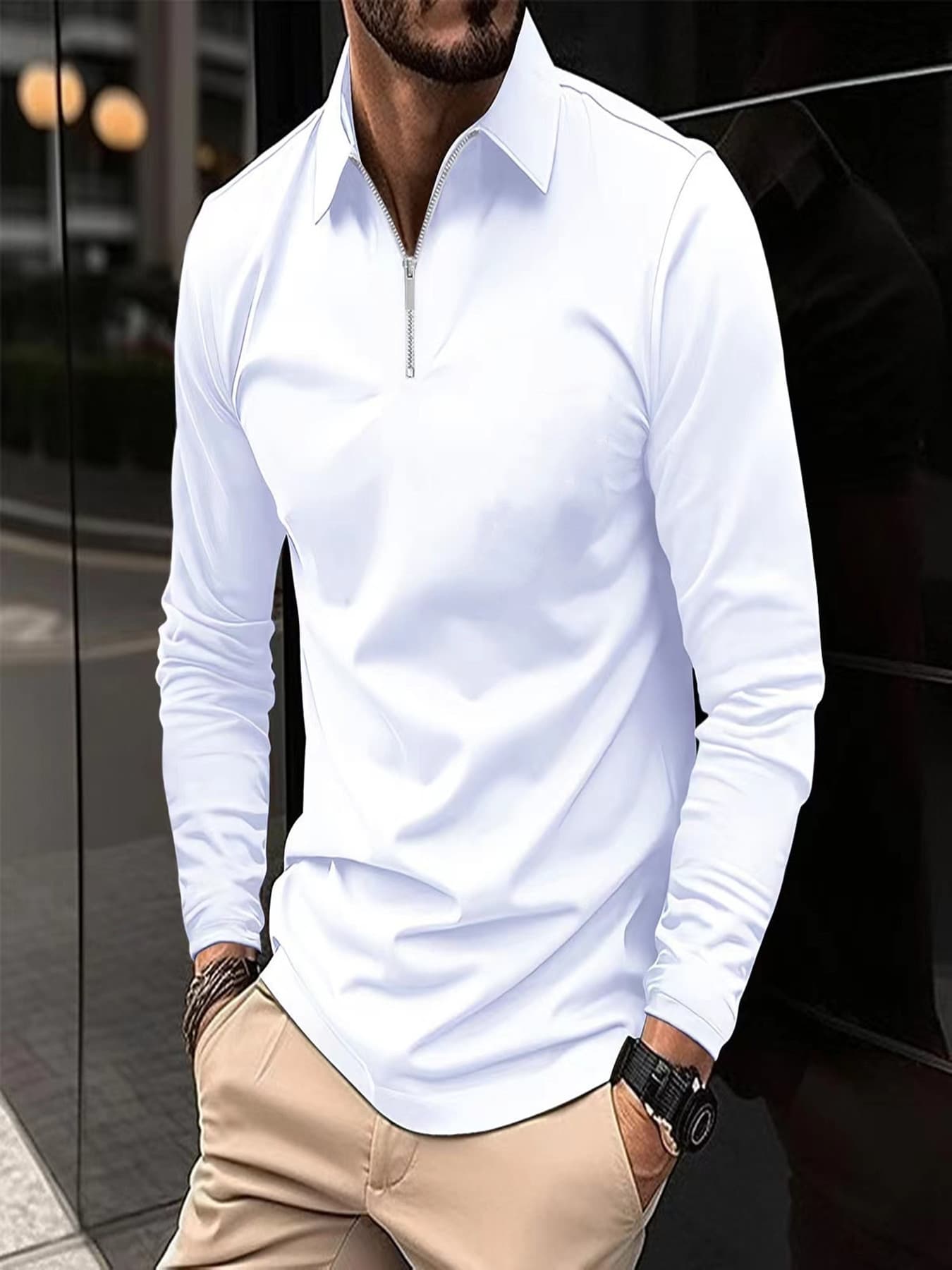 Polo deportivo hombre manga larga color liso con cierre