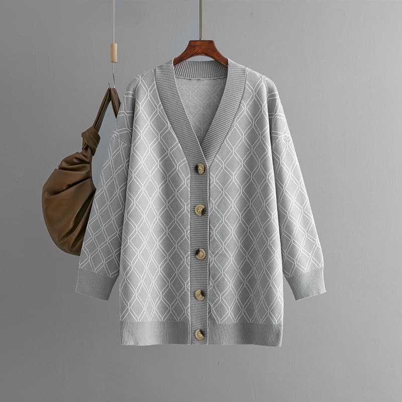 Cardigan de cuello en V con patrón de cuadrícula suelto