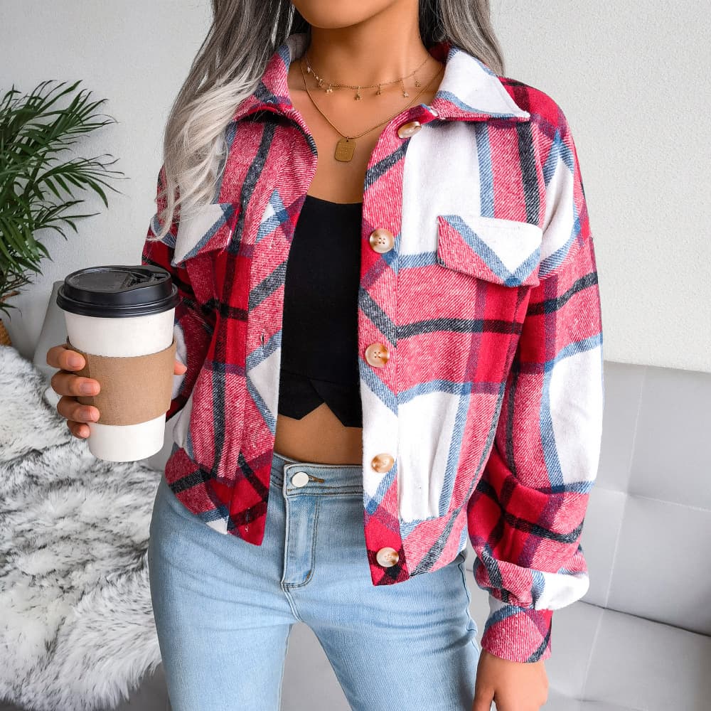 Chamarra cropped a cuadros para mujeres
