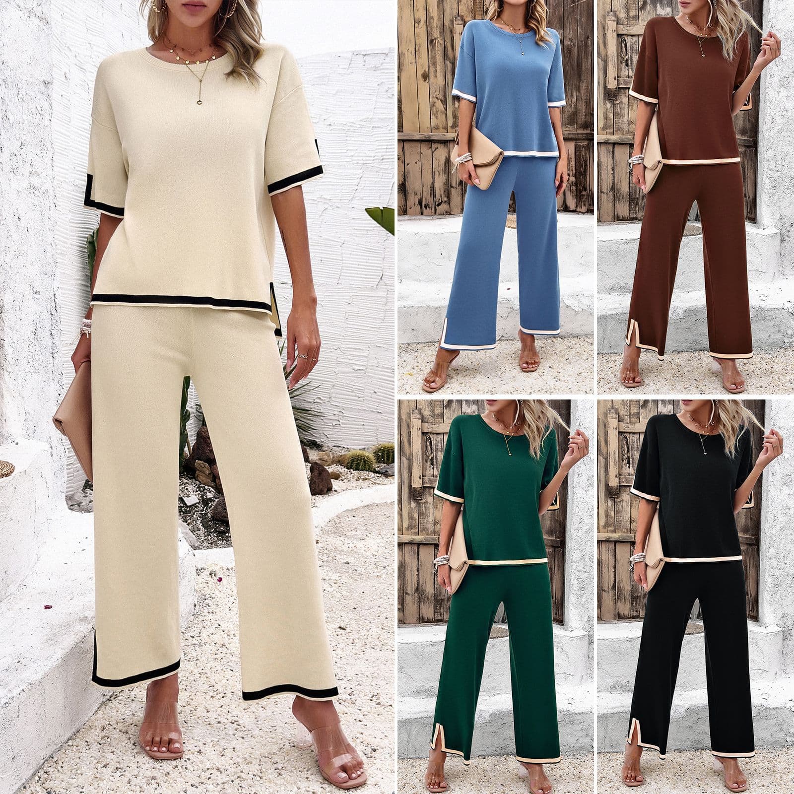 Conjunto de punto manga corta para mujer estilo relajado