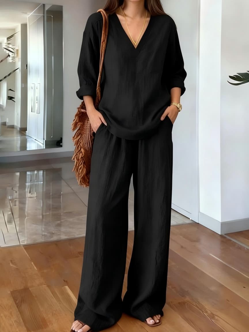 Conjunto casual mujer jersey cuello V pantalones largos