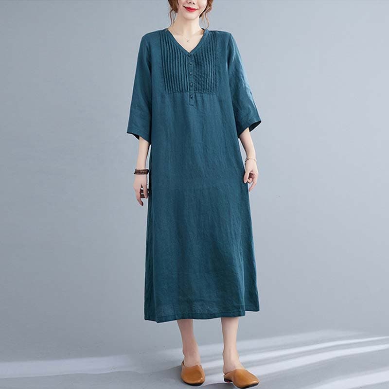 Vestido de algodón y lino con cuello en V, cintura holgada