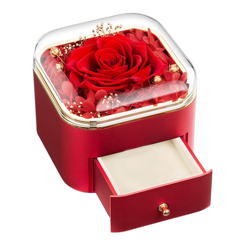 Caja joyero con flor de rosa preservada para regalo