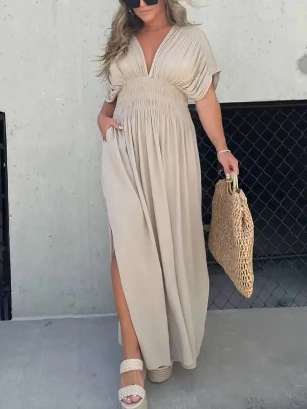 Vestido de verano con cuello en V, mangas murciélago y cintura elástica