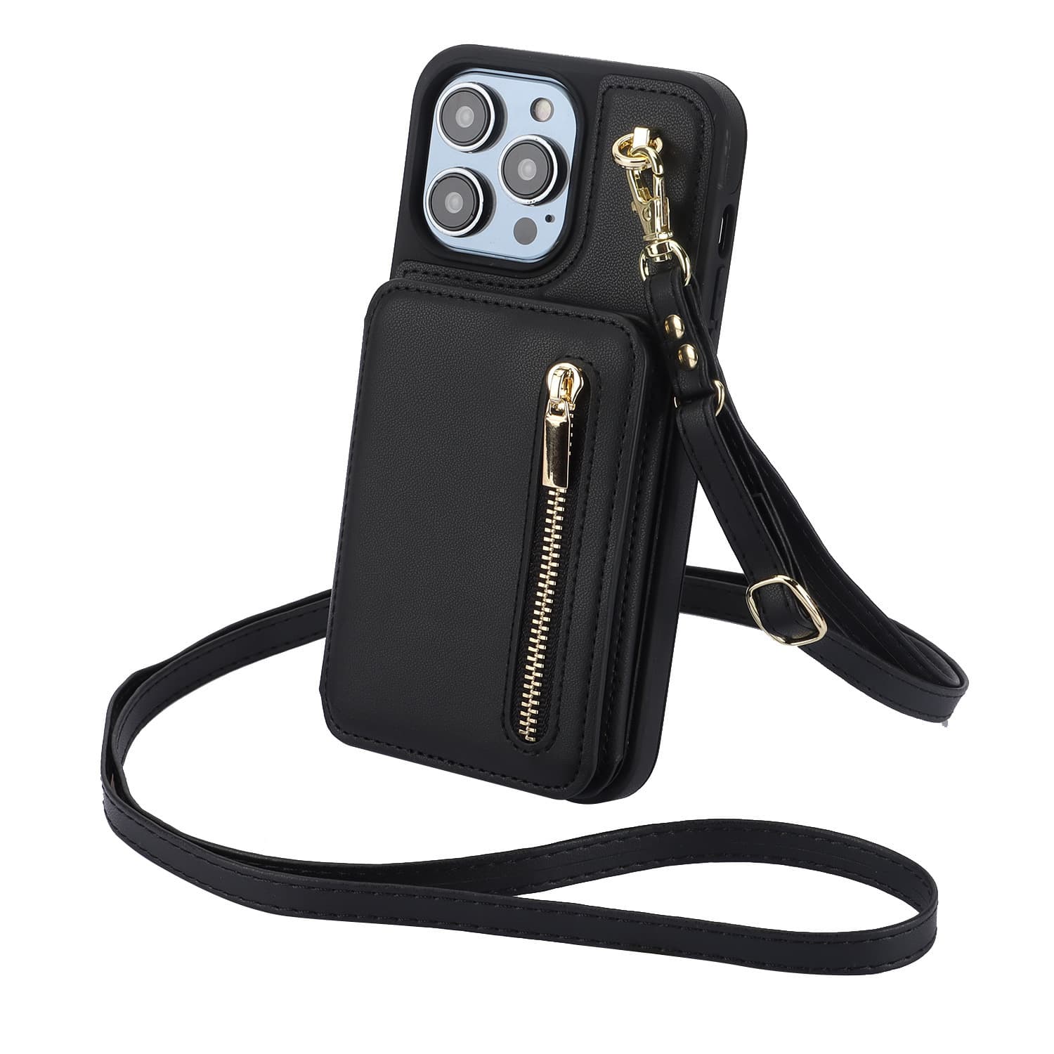 Funda de teléfono con cremallera, monedero y correa de mano