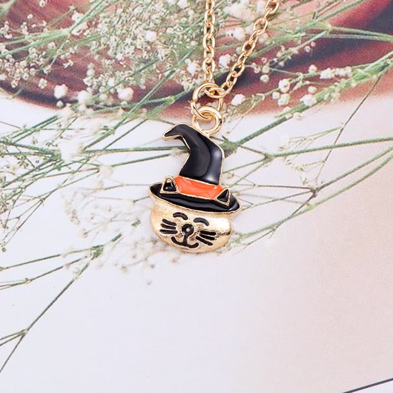 Collar Halloween colgante gato y calabaza, cadena clavícula