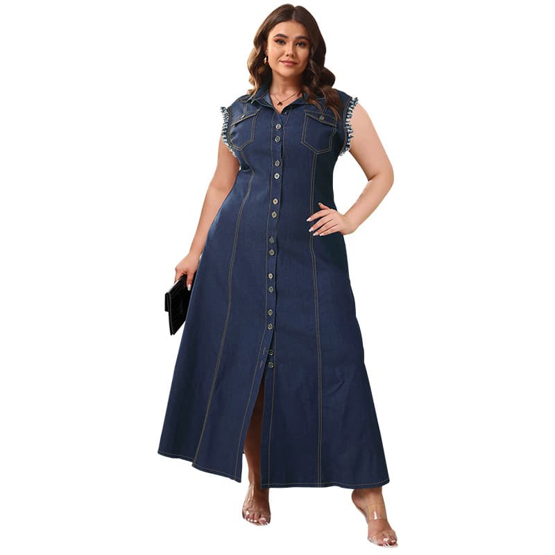 Vestido denim largo tipo cardigan con botones