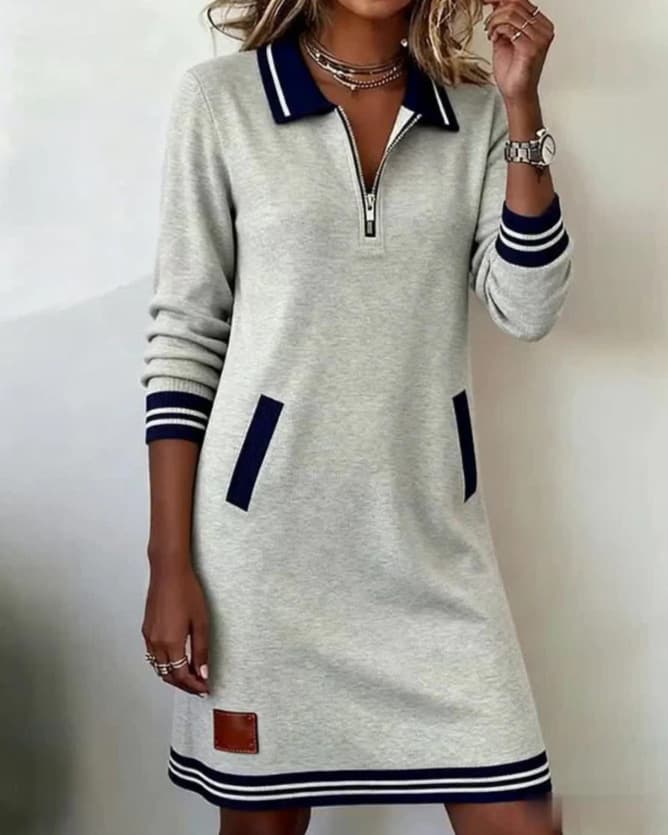 Vestido casual con cuello con cierre y bolsillos