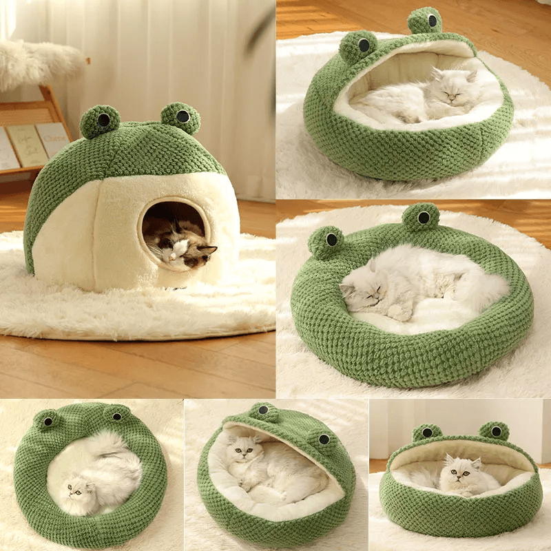 Cama para mascotas con diseño rana cálida y acogedora