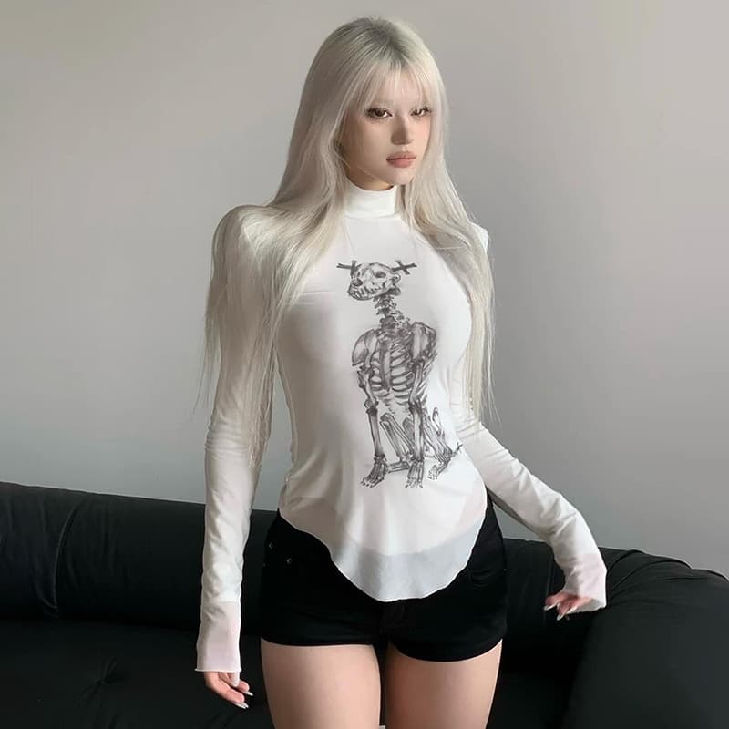 Camiseta manga larga de calavera con malla, estilo hipster moderno