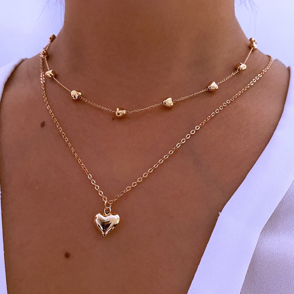 Collar de doble capa con colgante de corazón para mujeres