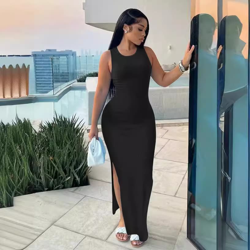 Vestido elegante sin mangas cintura alta