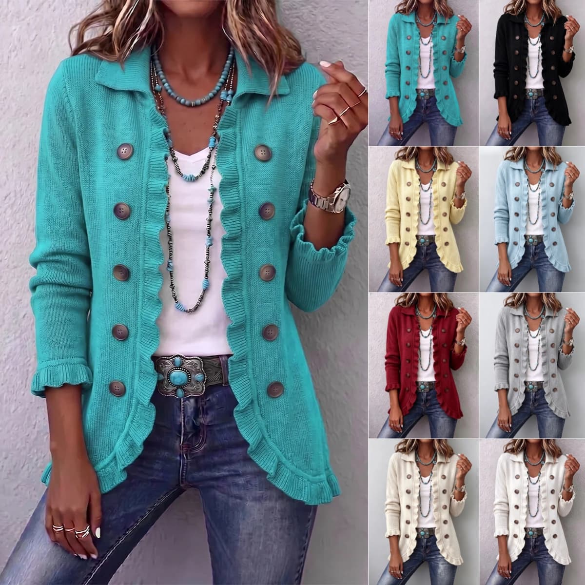Cardigan de mujer manga larga con volantes y botones