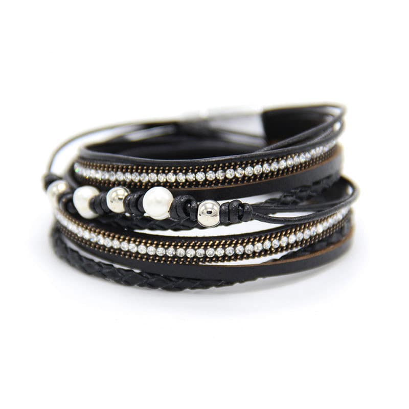 Pulsera de cuero tejido con perla y cierre magnético
