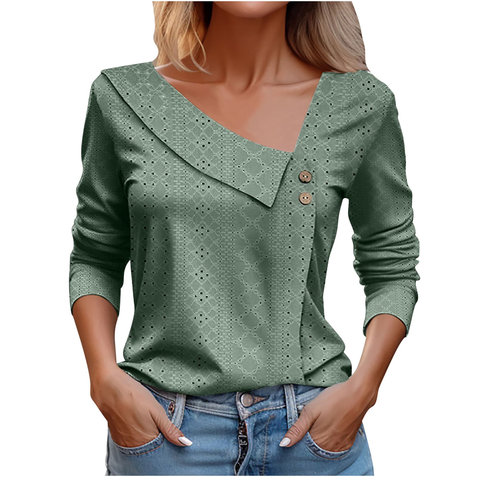 Blusa de manga larga con escote V y detalles calados