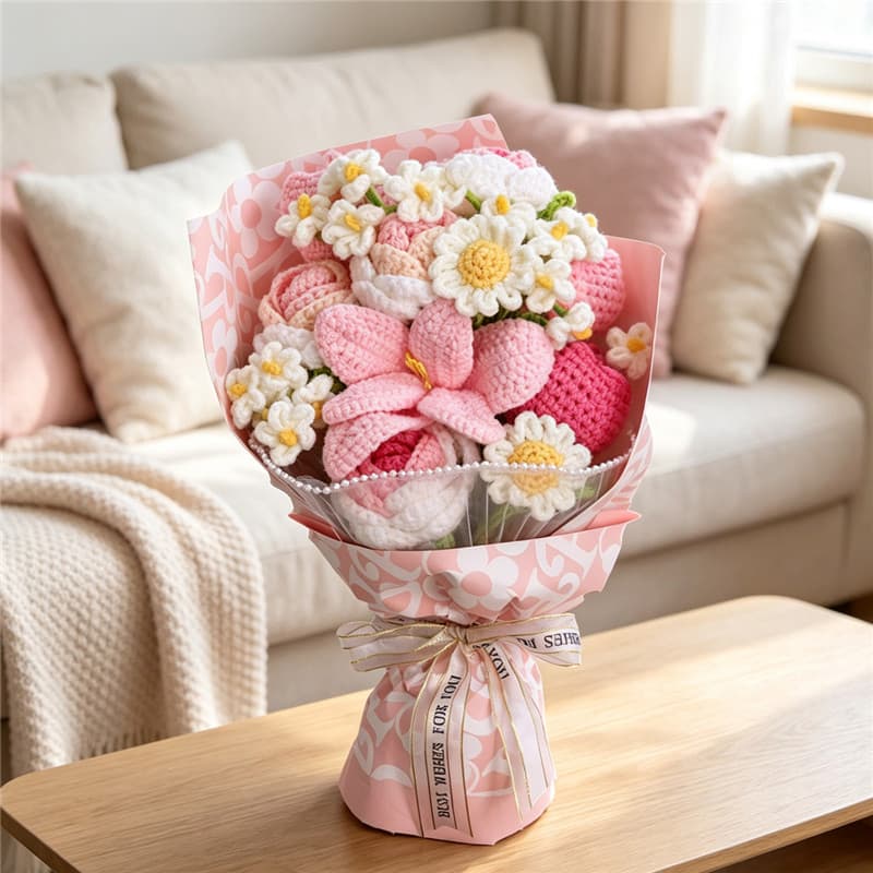 Ramo de flores tejidas a mano con tonos rosa, regalo eterno