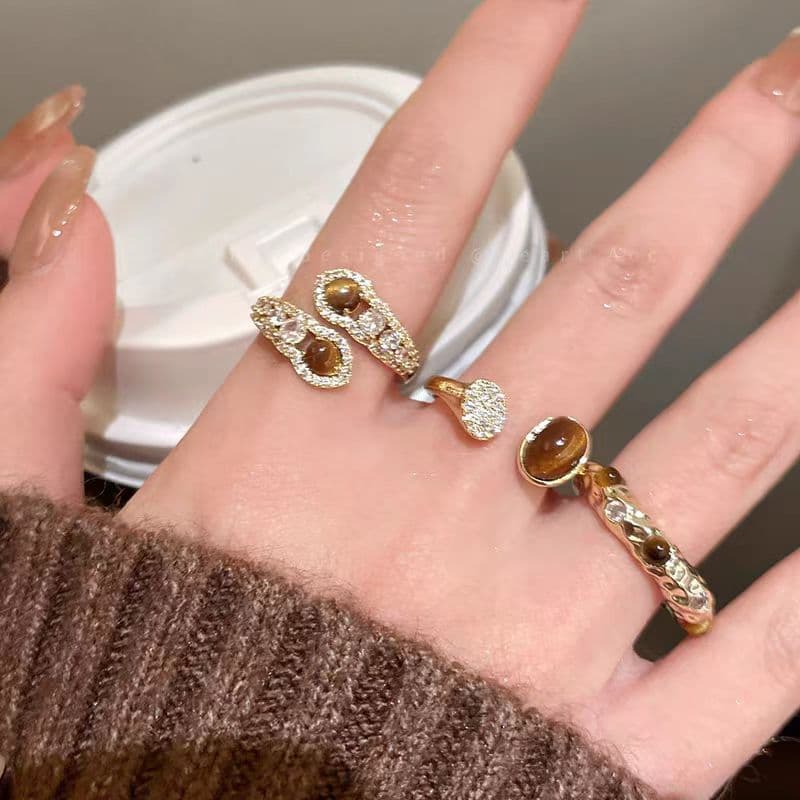 Anillo de ojo de tigre marrón para mujeres, diseño vintage único