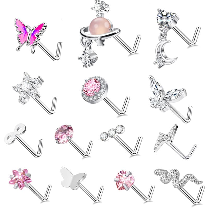 Aro de nariz con zirconia en diseño corazón y mariposa
