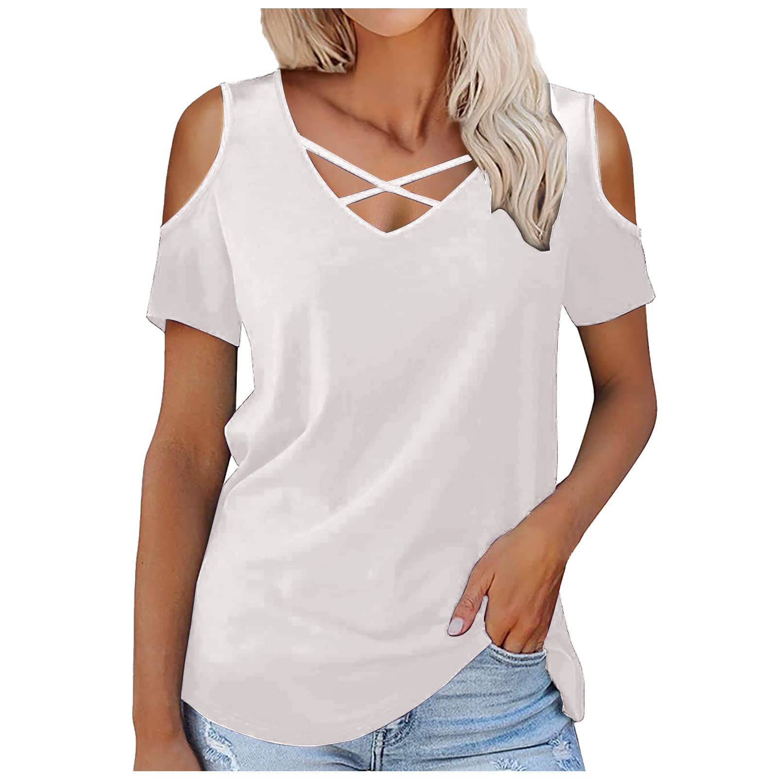 Camiseta holgada cuello en V mangas cortas para mujer
