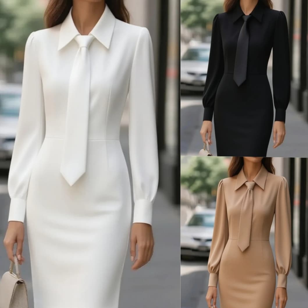 Vestido midi manga larga con cintura ajustable
