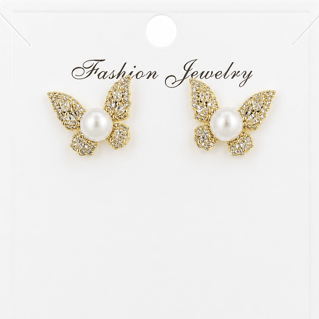 Aretes mariposa con perlas y cristales brillantes