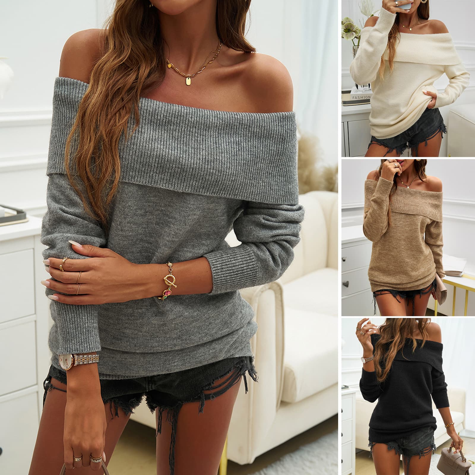 Suéter pullover de punto sólido para mujer