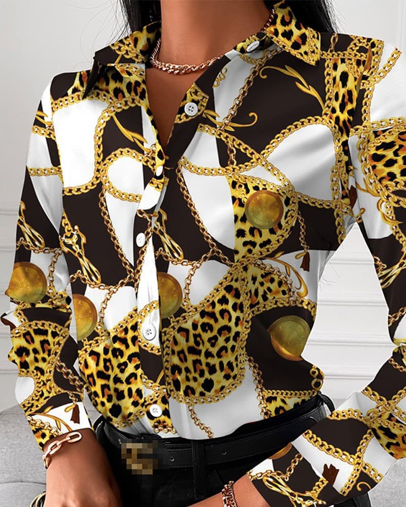 Camisa de otoño con estampado, manga larga, cuello solapa