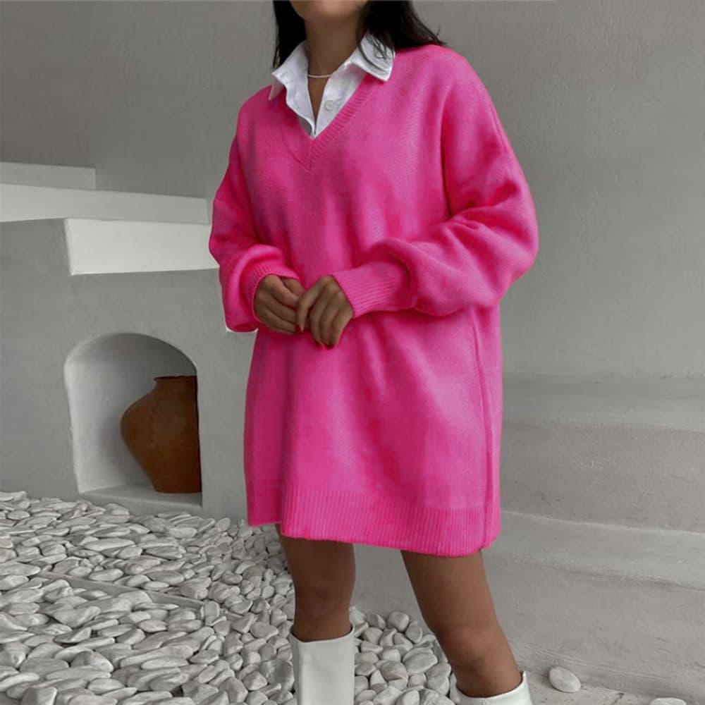 Vestido V-neck de color sólido para otoño e invierno