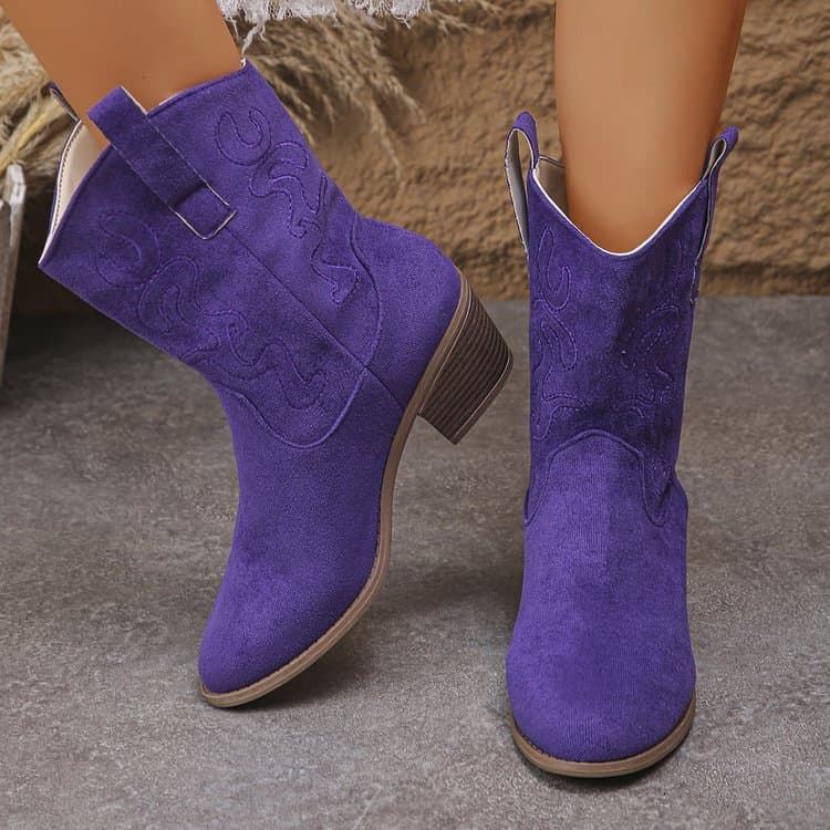 Botas western con punta bordada para mujer, tacón robusto