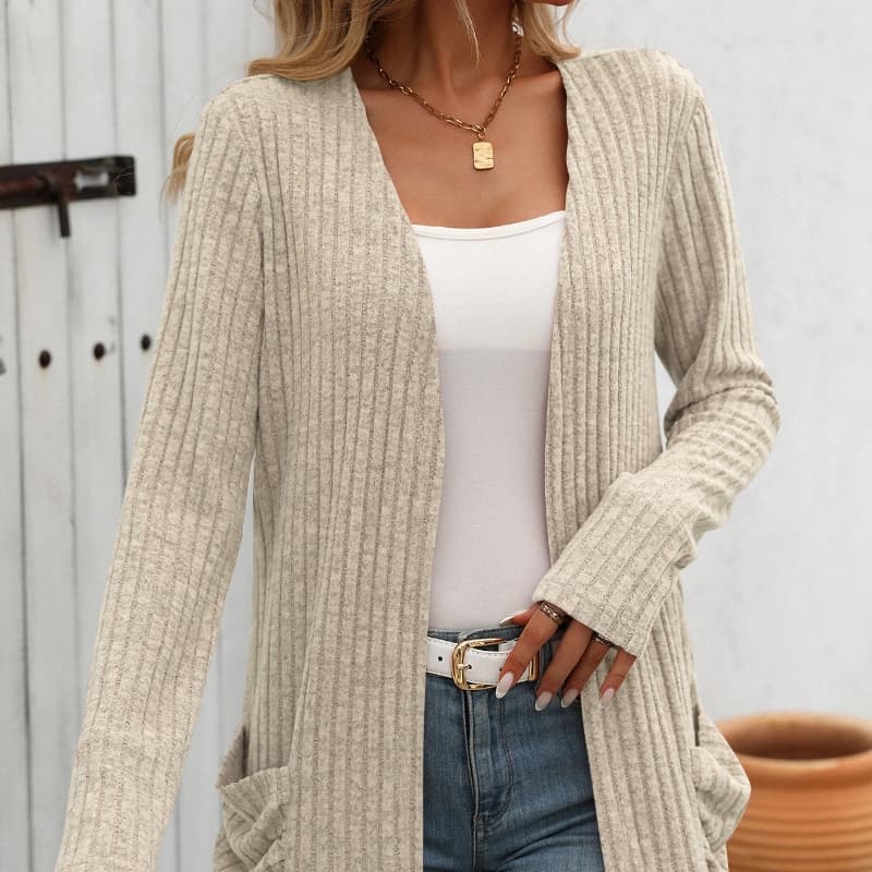 Cardigan de manga larga con tela acanalada y bolsillos