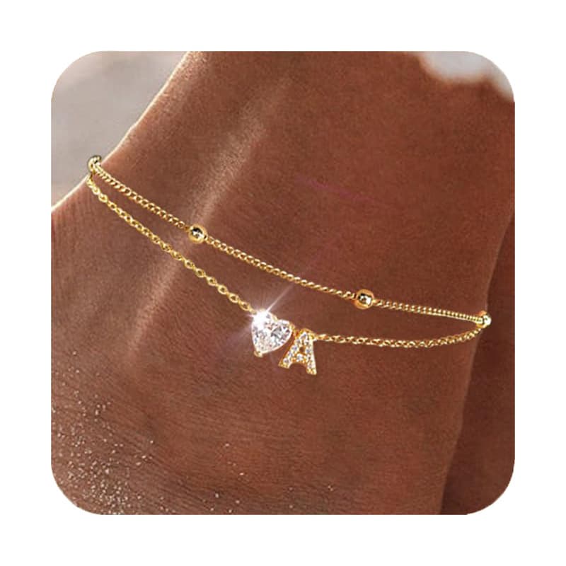 Pulsera tobillera multicapa de corazón con circón