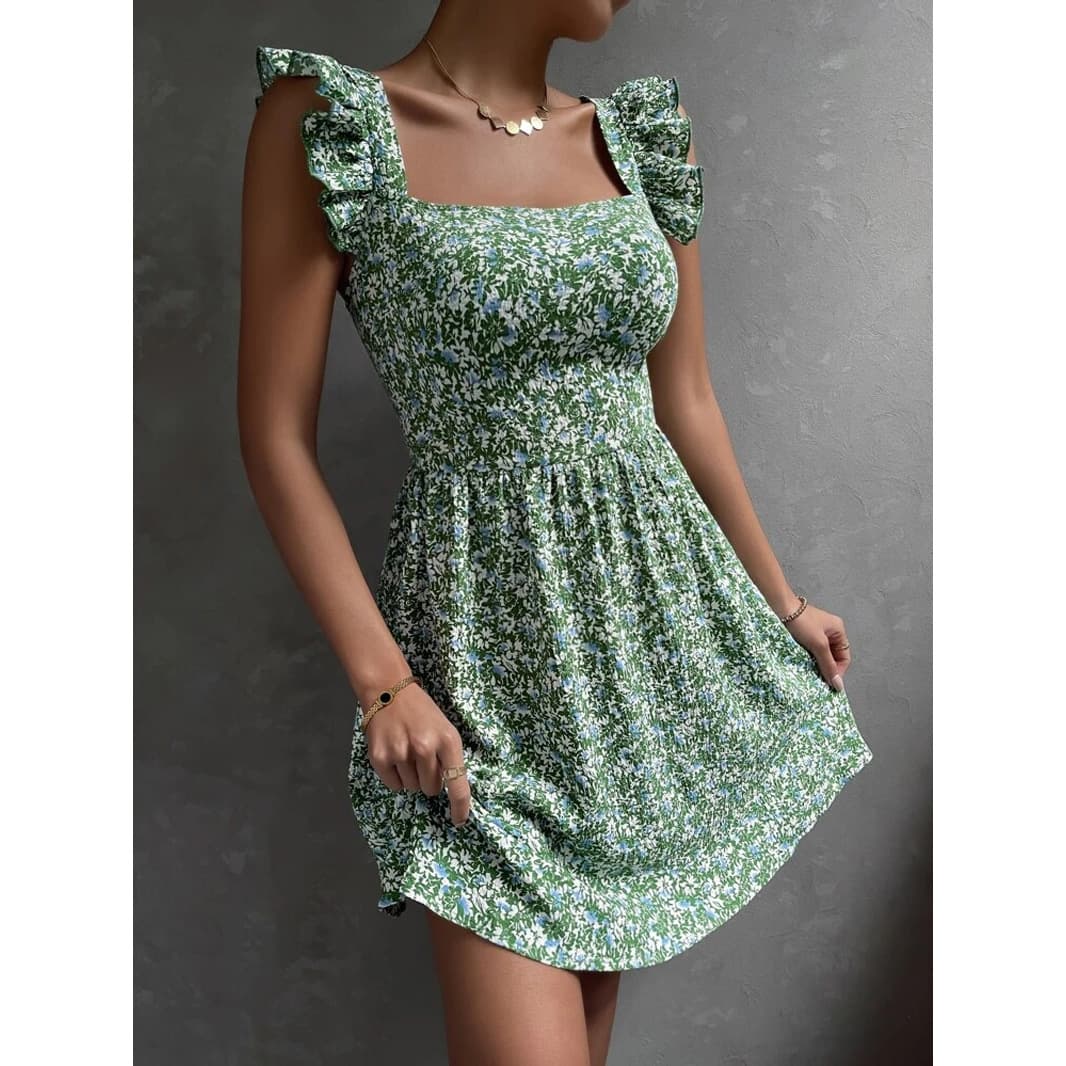 Vestido sin mangas de verano con cuello cuadrado y volantes