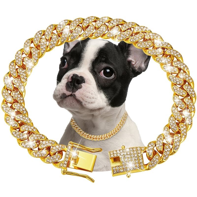 Collar tipo cadena cubana con diamantes para mascotas