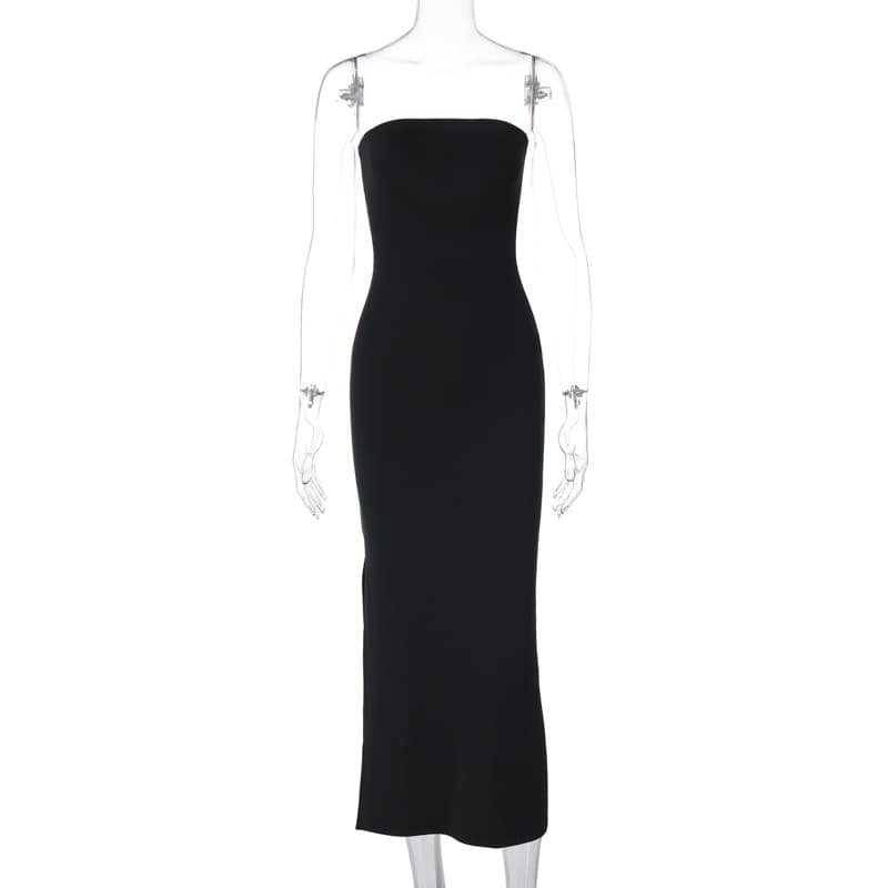 Vestido largo negro ajustado sin mangas con abertura