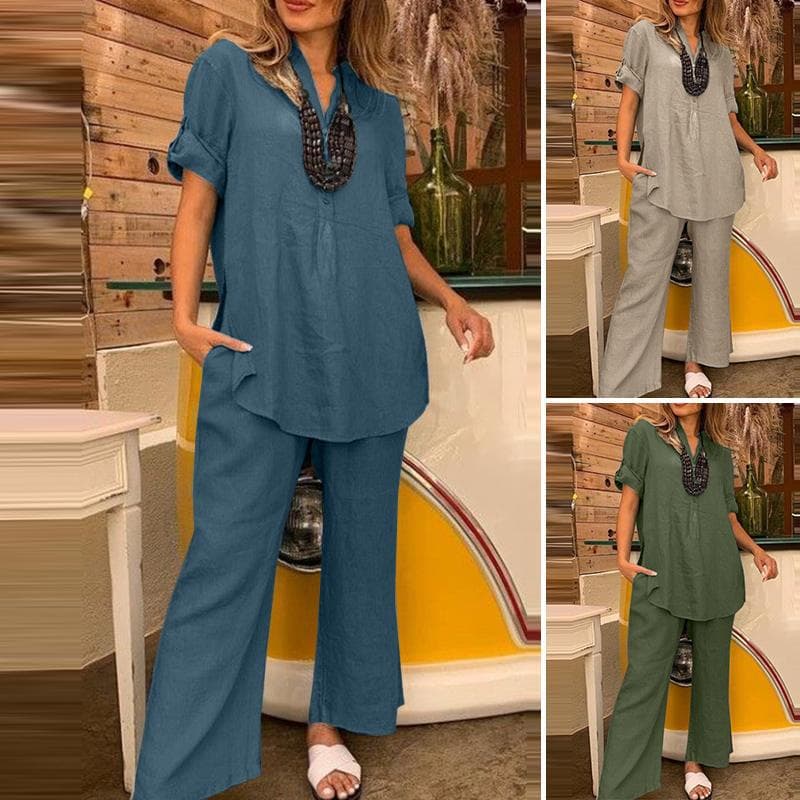 Conjunto de blusa con cuello V y pantalones de pierna ancha