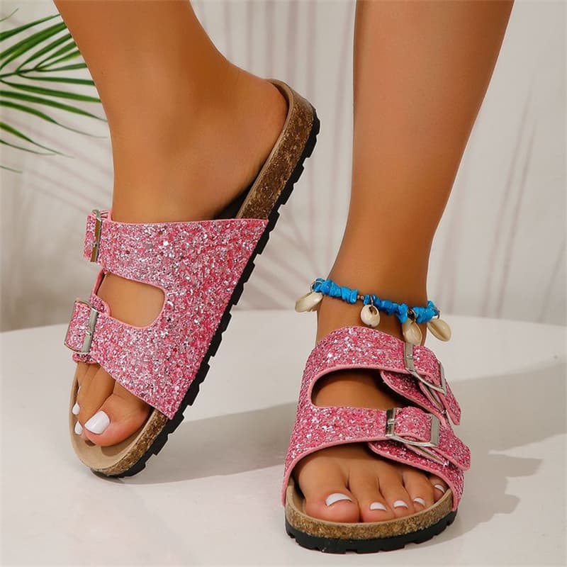 Sandalias de playa con lentejuelas y hebillas