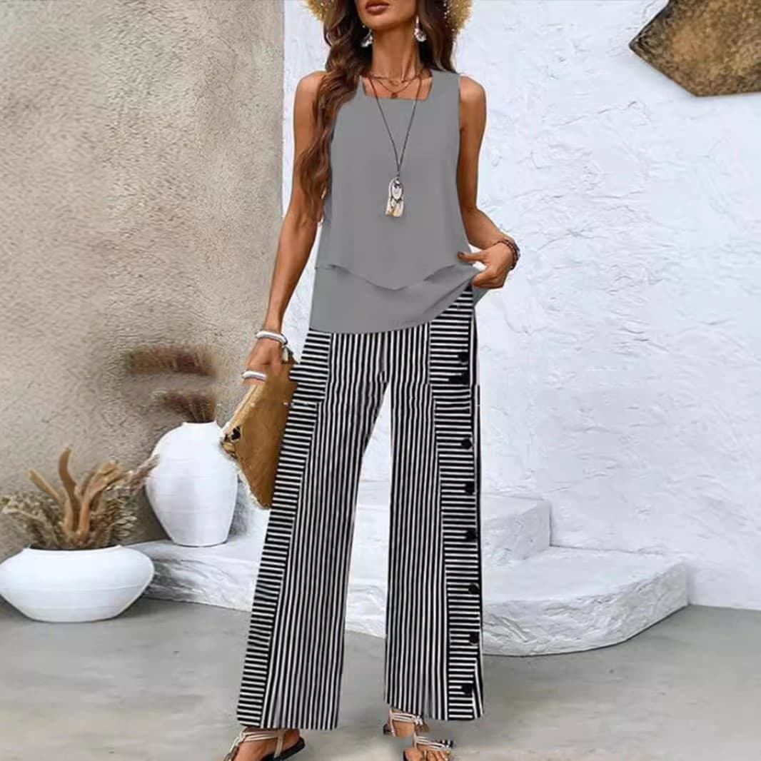 Conjunto de blusa y pantalones sueltos con flores de ganchillo
