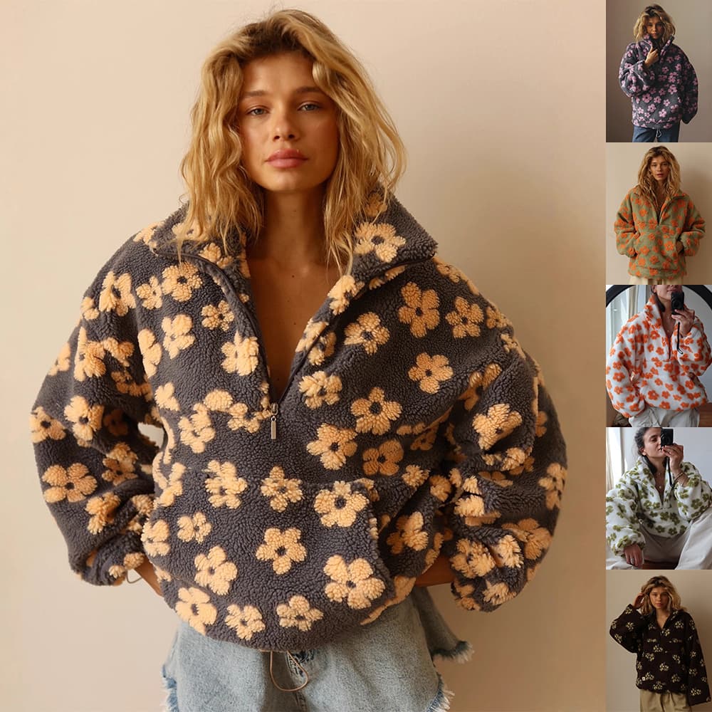 Sudadera de invierno con flores y gran bolsillo, pullover con cierre