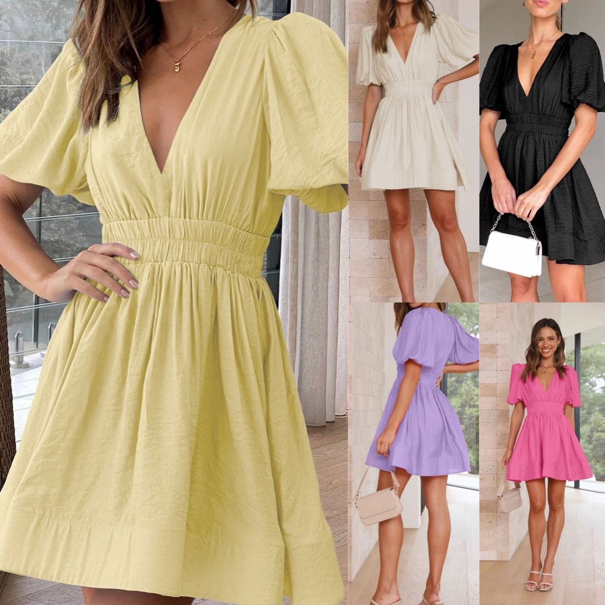 Vestido de verano elegante con mangas linterna y escote en V