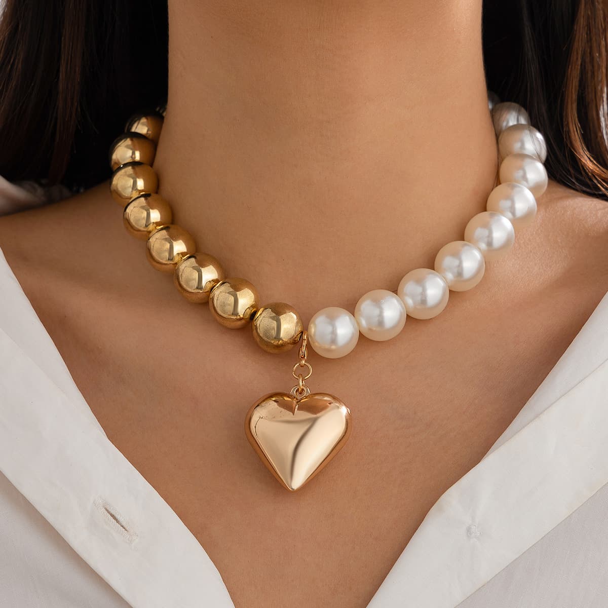Collar de amor grande y redondo con perlas, ajustable