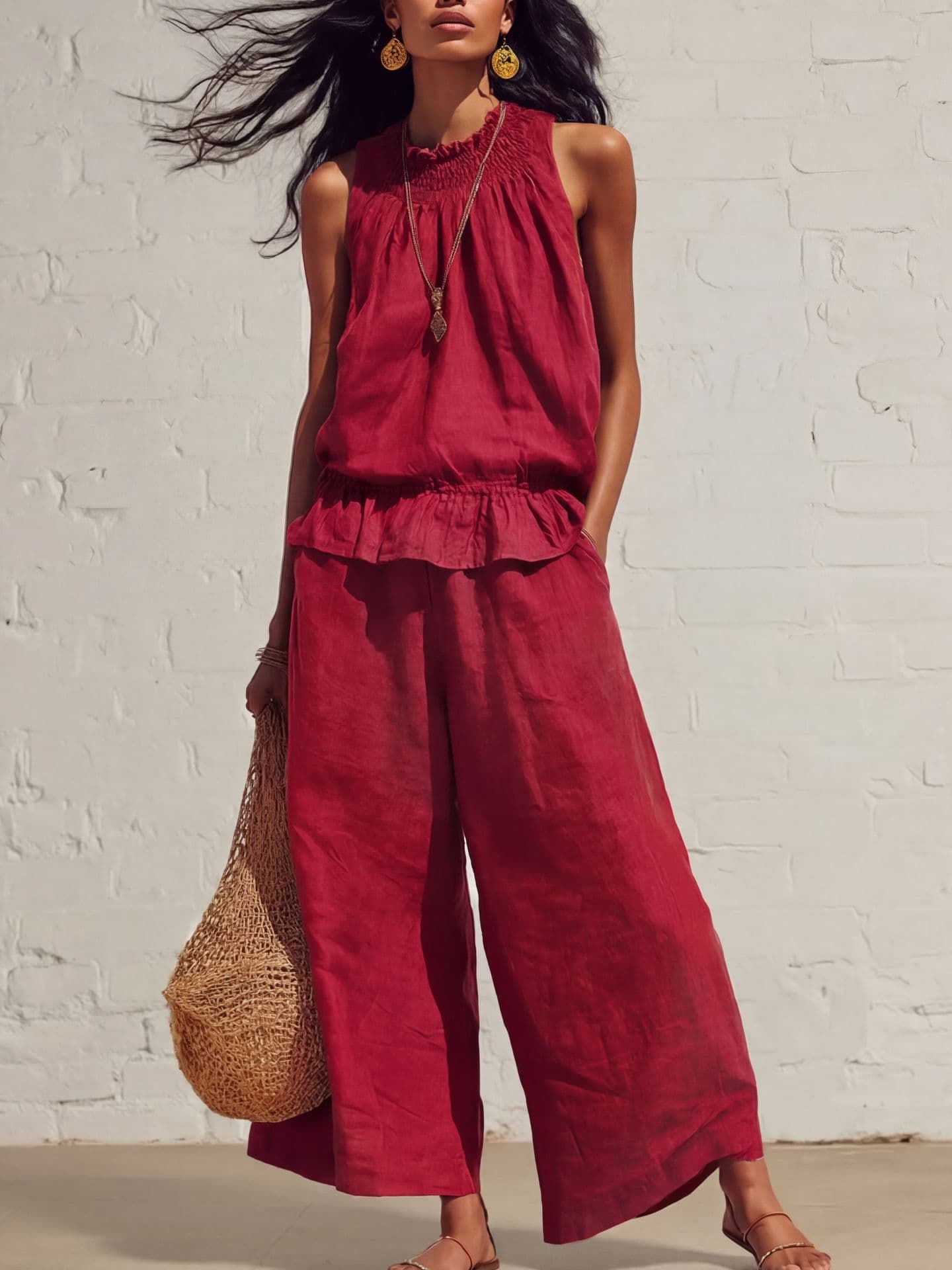 Conjunto blusa vuelo sin mangas y pantalones verano