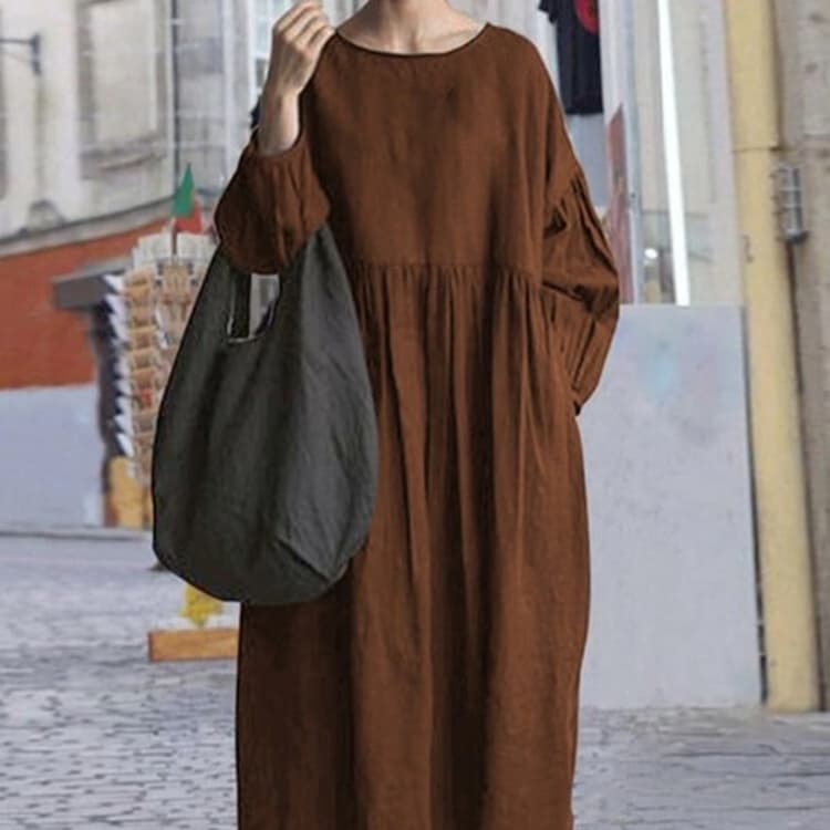 Vestido patchwork de algodón-lino, manga larga y cuello redondo
