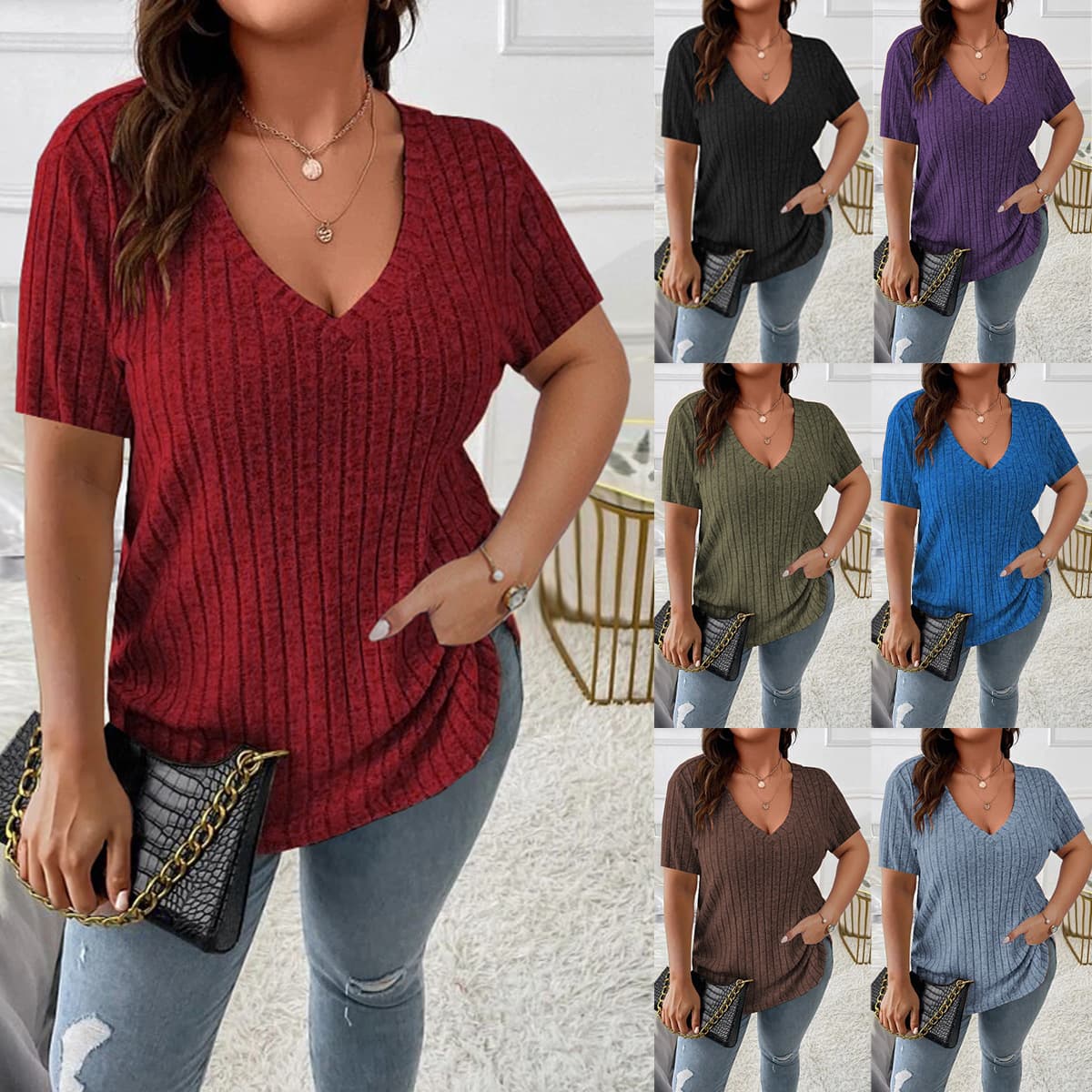 Blusa mujer talla grande cuello V manga corta