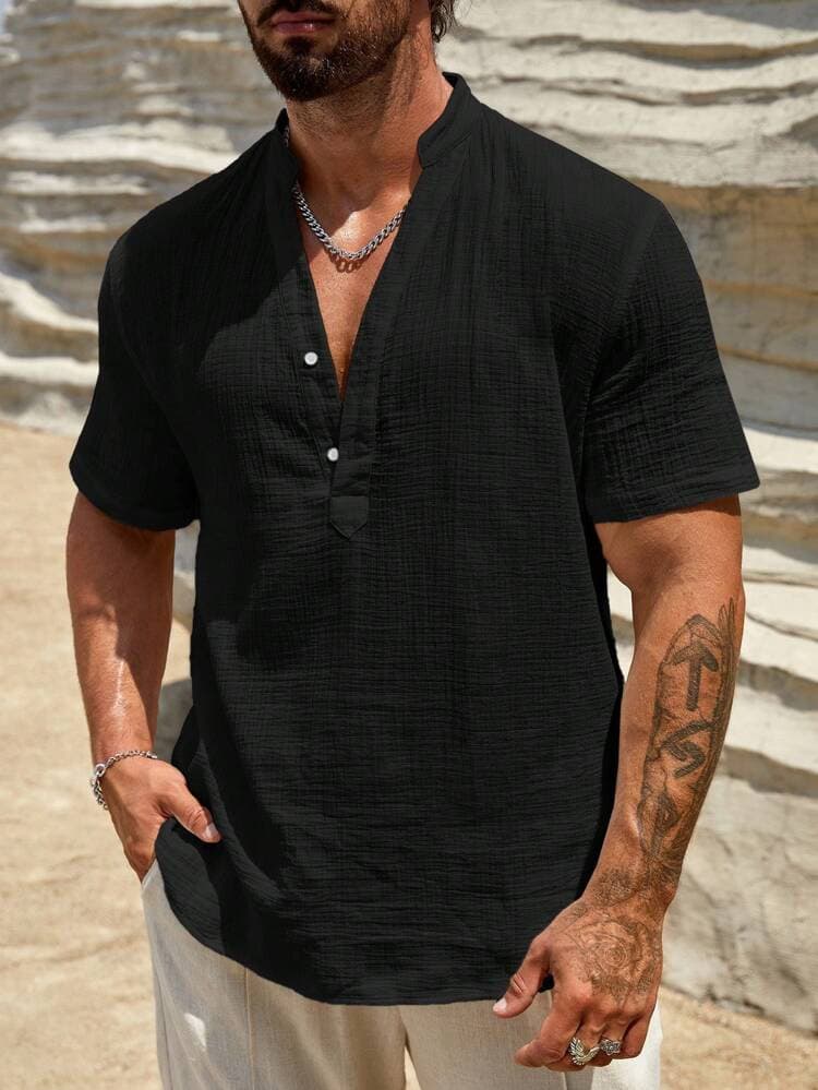 Camisa masculina con cuello de pie y manga corta transpirable