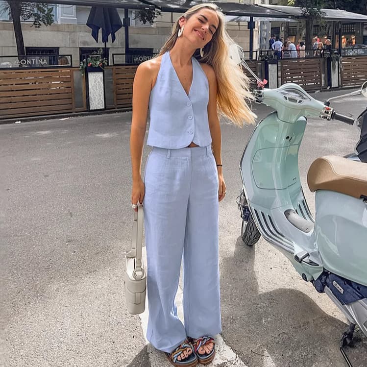 Conjunto de chaleco y pantalón en algodón y lino azul