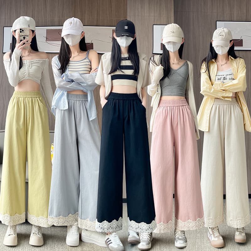 Pantalones anchos de algodón lavado con encaje