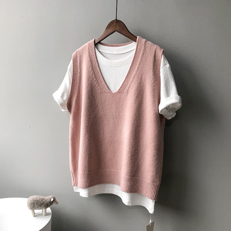 Chaleco sin mangas cuello V estilo preppy holgado