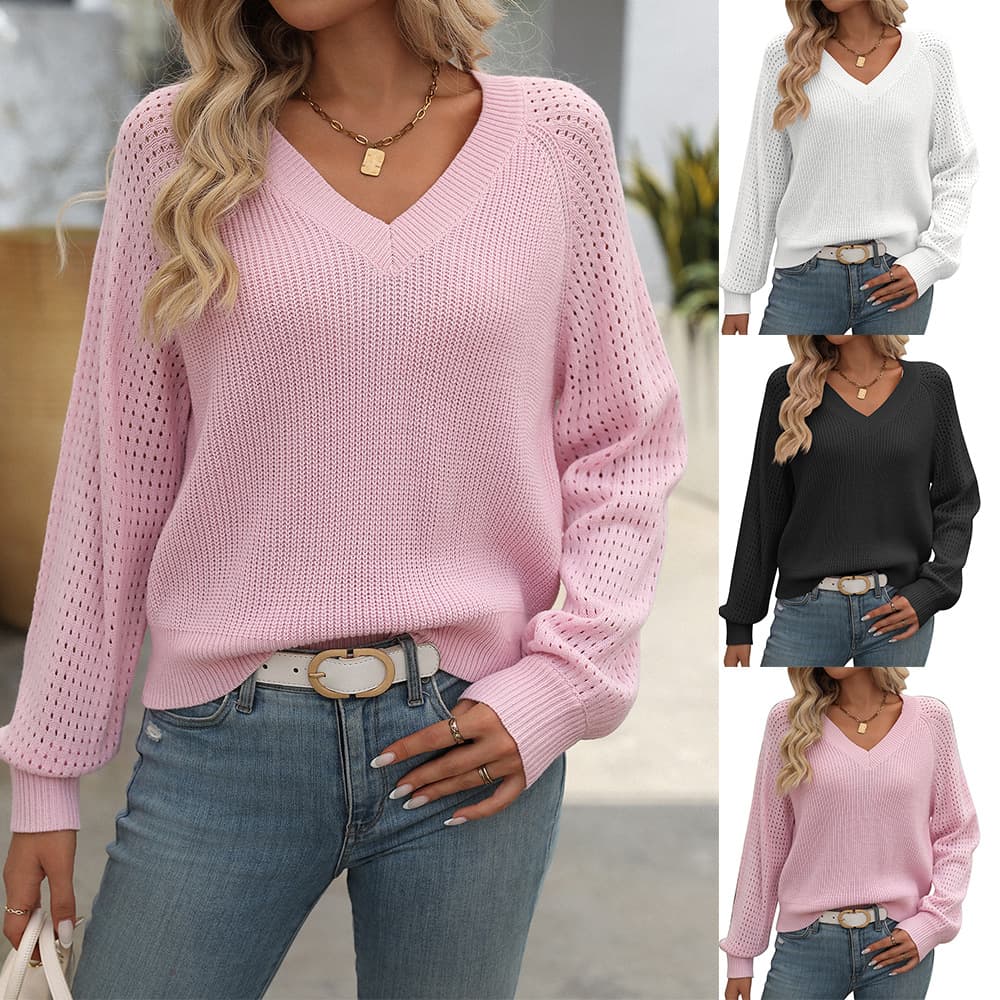 Suéter de mujer cuello V con diseño calado de manga larga