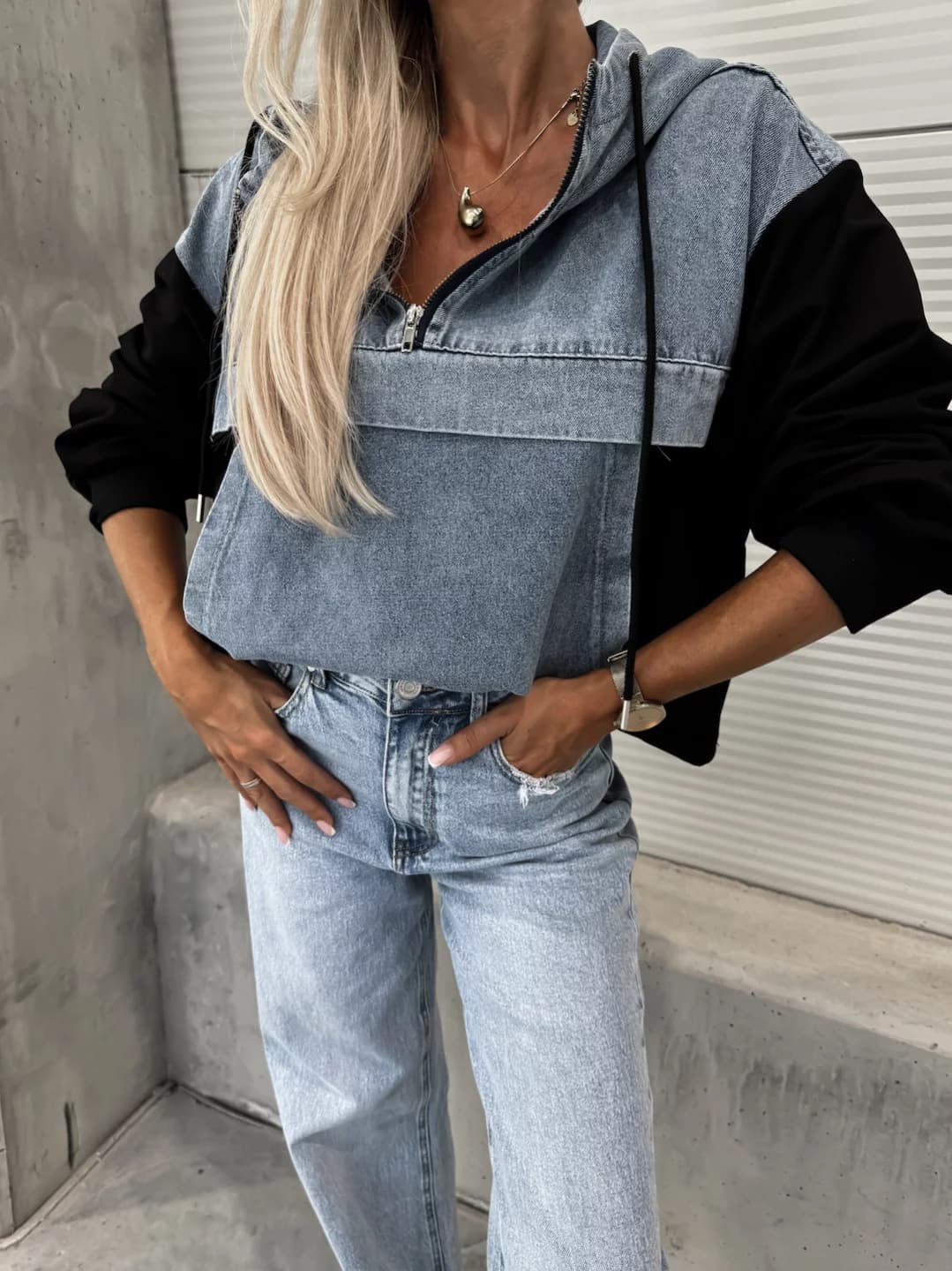Sudadera denim urbana con cierre cremallera