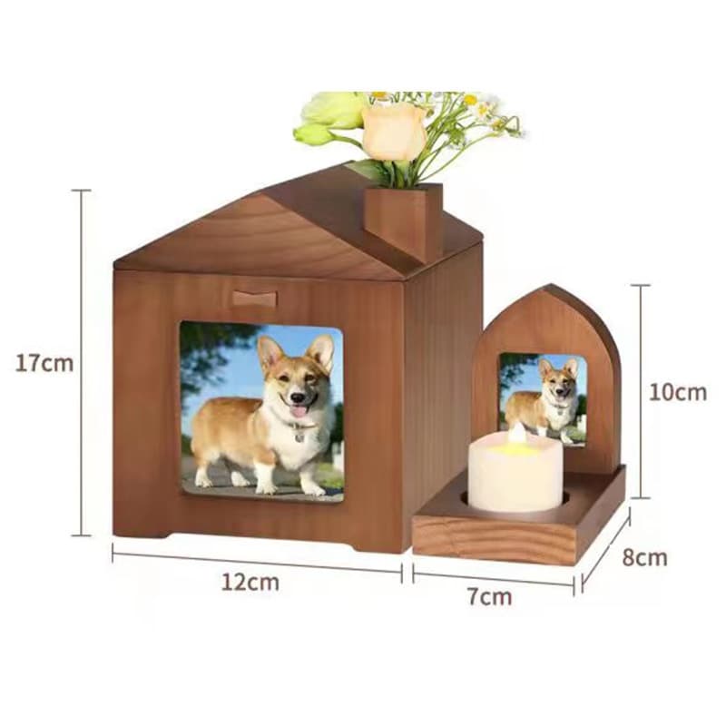 Urna de madera para mascotas con forma de cabaña